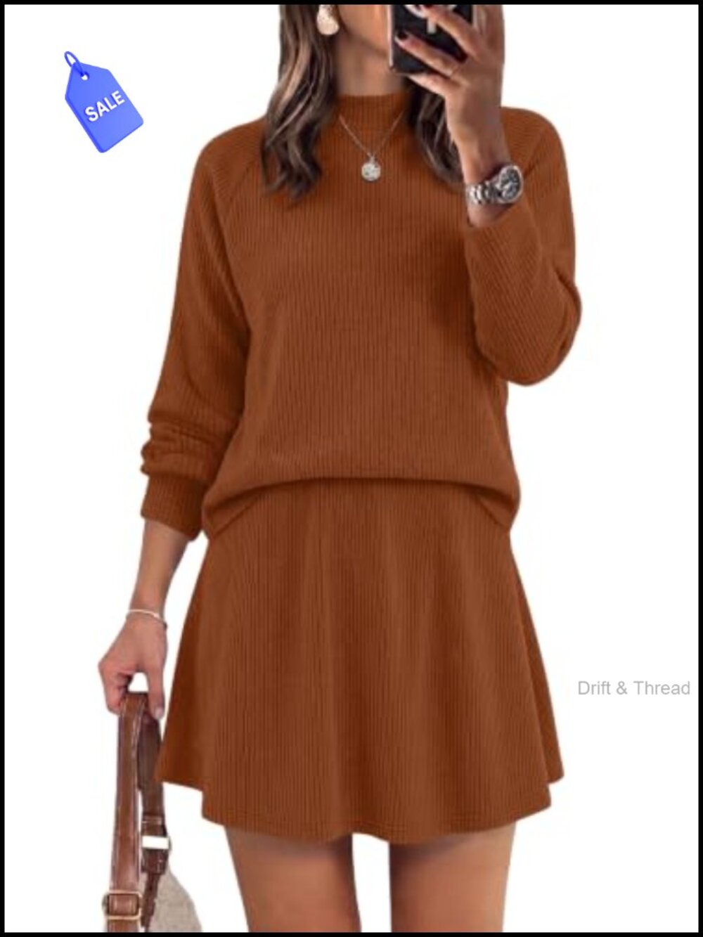 Mock Neck Sweater & Mini A-Line Skirt 2 Piece Set Lightweight